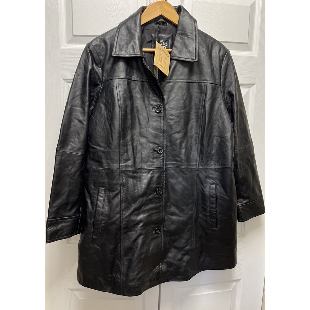 Woman's Classic Real Leather 3/4 Length Black Coat  Button  3XL  Kandis